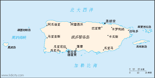 波多黎各國(guó)土面積示意圖